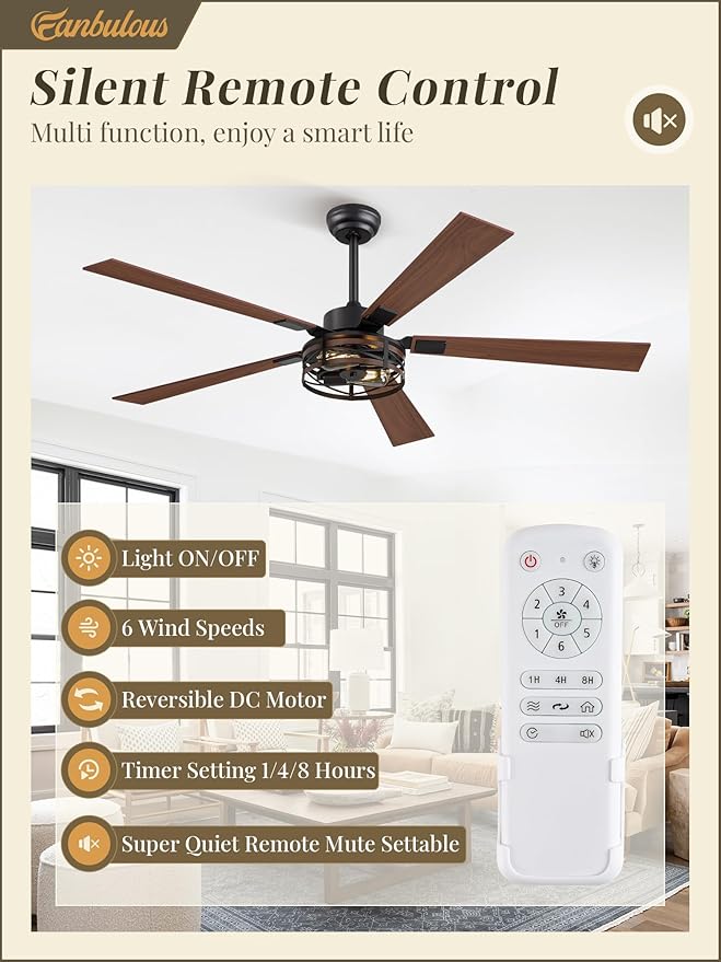 Farmhouse Ceiling Fans with Light, 60 Inch Bedroom Ceiling Fan with Lights, 6-Speed Adjustable, Quiet and Reversible DC Motor, Dual Finish 5 Blades, Rustic Caged Black Ceiling Fan for Living Room