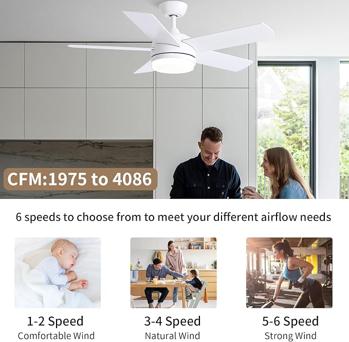 YUHAO 44 Inch White Ceiling Fan with Light and Remote Control.Noiseless,Dimmable,3CCT,6 Speeds Reversible, DC Ceiling Fans for Indoor or Covered Outdoor Use.ETL Listed