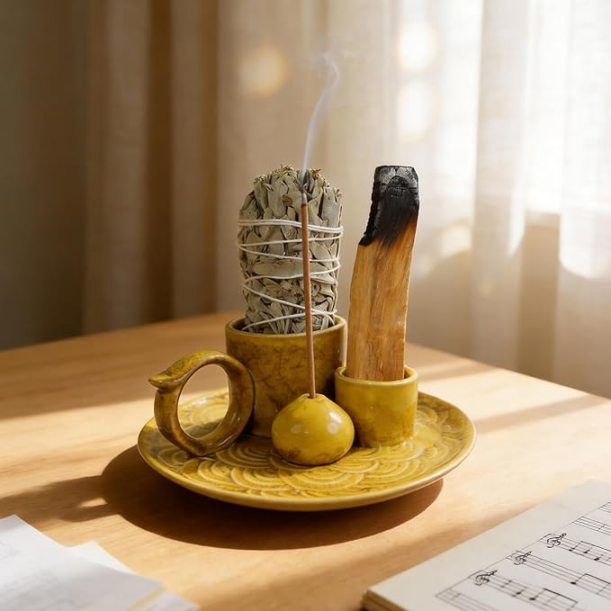 Tnstbiee 4-Inch 5-in-1 Yellow Ceramic Incense Holder | Multi-Use Smudge Tray for Palo Santo, Sage, Incense Sticks & Cones | Ideal for Candles & Meditation | Zen Altar for Yoga & Aromatherapy