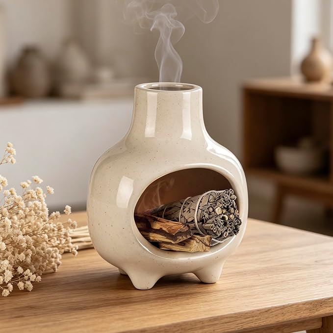 Ceramic Palo Santo Holder Burner with Chimney, Handcrafted Smudge Bowl Ash Catcher for Sage, Incense Cones & Candles, Palo Santo Sticks, for Home, Yoga, Meditation & Spiritual Ceremony (Beige)