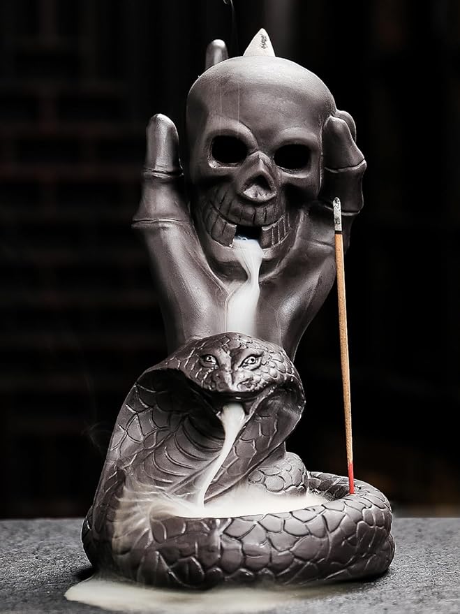 Skull Snake Incense Burner Holder - Backflow Waterfall Cone Incense Holder, Ceramic Unique Skeleton Incense Burner with Cones & Sticks for Halloween/Aromatherapy/Yoga/Home/Room/Office Deco