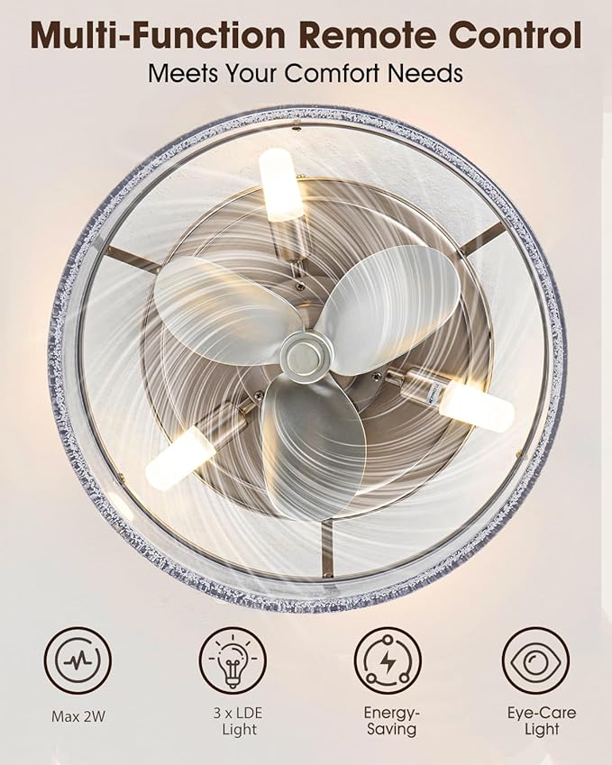 Low Profile Nickel Caged Ceiling Fan with Light and Remote, 13.2” Modern Flush Mount Ceiling Fan, DC Motor, Max 1100 RPM Silver Fandelier Ceiling Fans with LED Light for Bedroom Kitchen