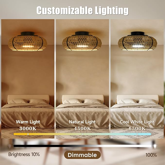 ocioc 20" Caged Ceiling Fans with Lights and Remote,Fandelier Ceiling Fan with Light,Flush Mount Low Profile,Bladeless,Quiet Reversible DC Motor,Boho Rattan Ceiling Fan for Bedroom