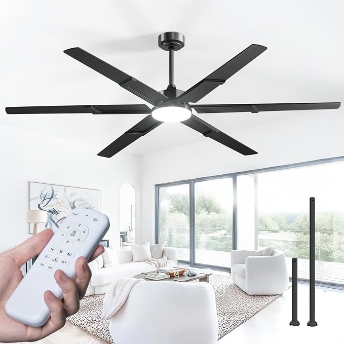 Amico Ceiling Fans with Lights and Remote, 72 Inch Black Indoor/Outdoor Ceiling Fan with 6 Speed, Reversible DC Motor, 3CCT, Dimmable, Noiseless modern ceiling fan for Bedroom, Living Room, Patio