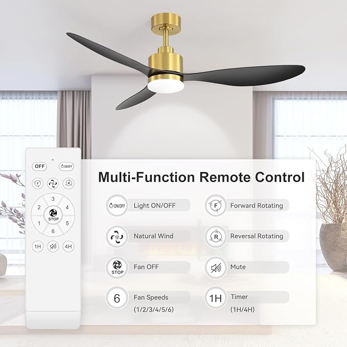52" Ceiling Fans with Lights and Remote, Quiet DC Motor, 3 Reversible Blades, Modern Gold and Black Ceiling Fan with 3-Color LED Light Fandelier for Bedroom Living Room