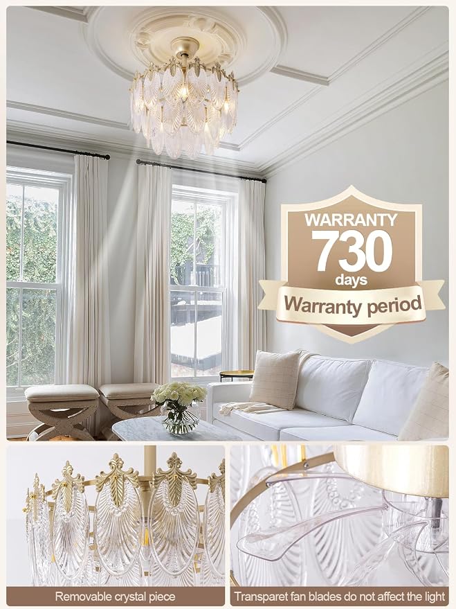 20" Gold Fandelier Ceiling Fan with Light, Gold Crystal Chandelier Ceiling Fans with Lights and Remote Control, Mid Century Enclosed Caged with 6 Speeds for Bedroom, Nursery, Living Room
