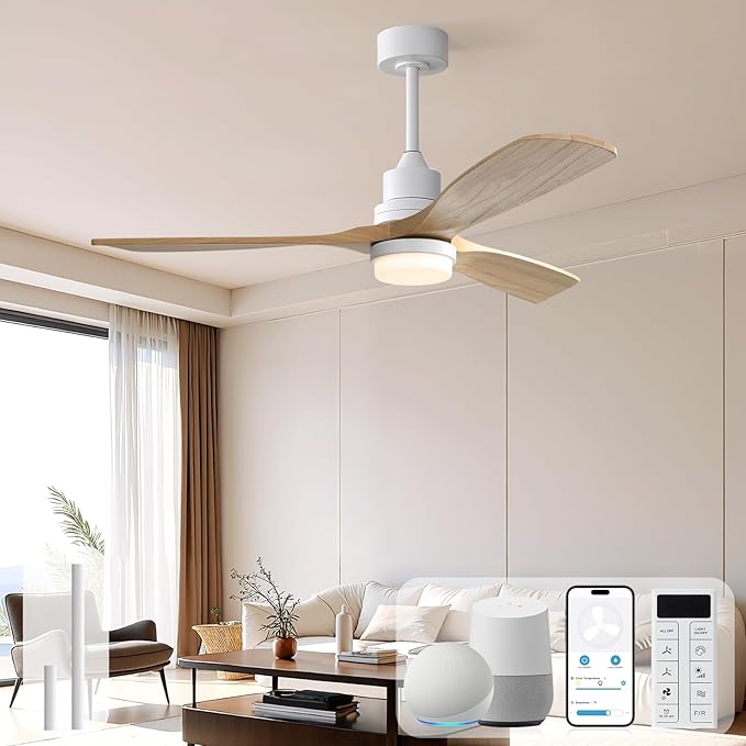 Sofucor Smart Ceiling Fan, 52" Low Profile Ceiling Fans with Lights and Remote, Compatible with Alexa/Google/App, 3-Color Light 6-Speed DC Motor Reversible Timer for Bedroom Living Room Patio Outdoor
