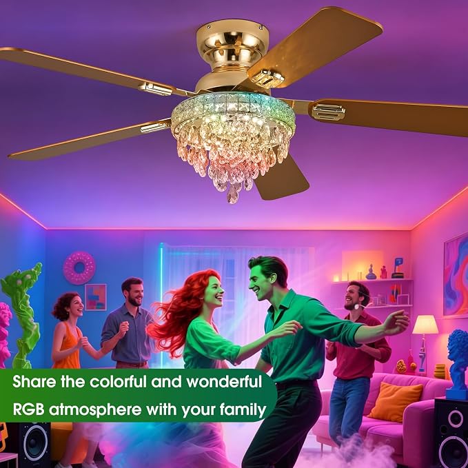 52“ Crystal Ceiling Fans with RGB Lights, Remote/App Control, Luxury Fandelier Ceiling Fan Flush Mount, Reversible DC Motor, Dimmable, Bedroom Chandelier Fan, (Gold)