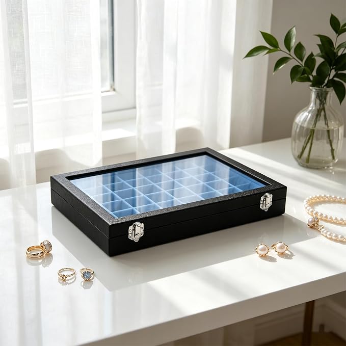 Stratalife 48 Grid Earring Organizer, Jewelry Holder Organizer with Lid | PU Leather Storage Box for Earring, Ring, Studs and Trinkets, Soft Velvet Drawer Organizer for Women, Dustproof, Blue Black