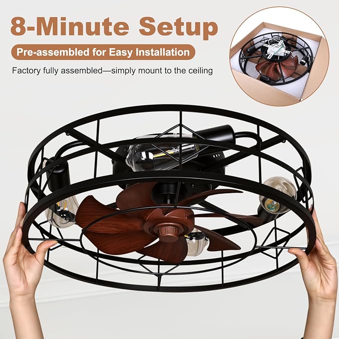 TCL 24 Inch Caged Ceiling Fans with Lights and Remote, Low Profile Flush Mount Fandelier, Rustic Farmhouse Style Ceiling Fans for Bedroom, Kitchen,Outdoor