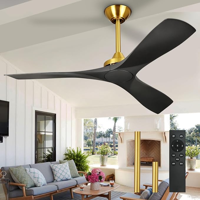 Modern Ceiling Fan with Remote: Black and Gold Ceiling Fans 3 Blades - 60 Inch Ceiling Fan No Light for Covered Outdoor Living Room Bedroom