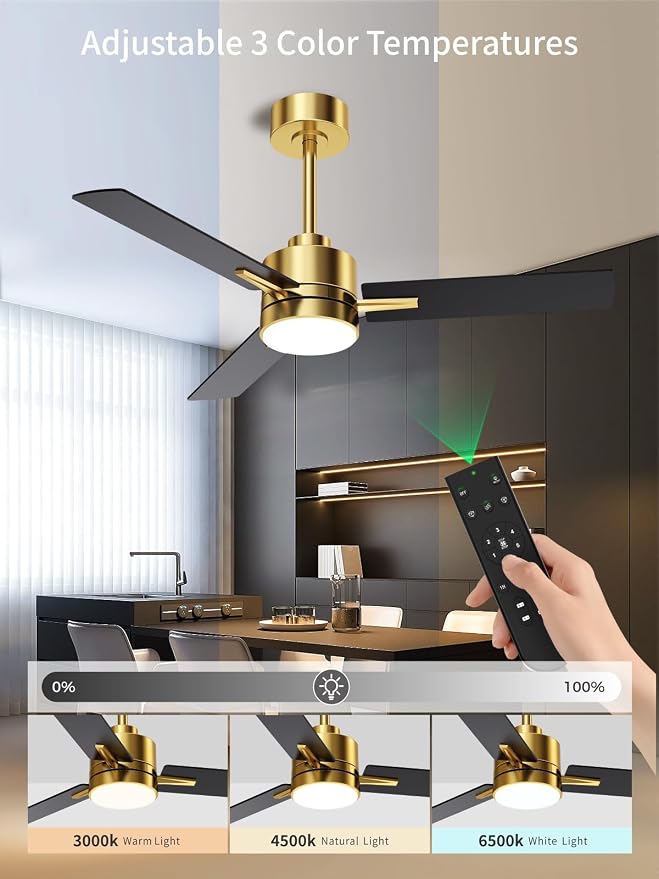 LANMEL 42'' Black and Gold Ceiling Fans with Lights and Remote, 6 Speed Low Profile Modern Ceiling Fan with Quiet DC Motor for Indoor Outdoor Bedroom Living Room