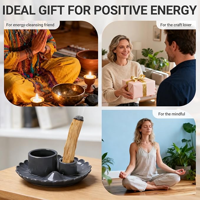 Multifunction Incense and Candle Holder for Burning Sage, Palo Santo, Ceramic Incense Stick Holder for Palo Santo Burner, Sage Holder for Yoga, Meditation, and Energy Cleansing (Gray)