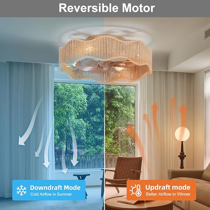 SHLUCE 18" Boho Fandelier Ceiling Fan with Light Flush Mount, Caged Low Profile Ceiling Fan with Light, Small Rattan Bladeless Ceiling Fans with Lights and Remote Control for Bedroom, Nursery - ETL