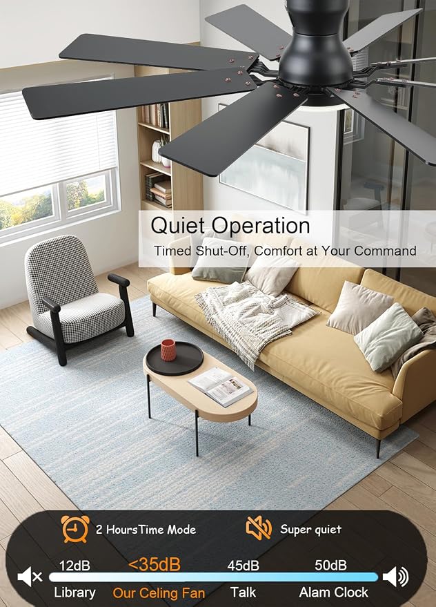 JSAITEE 52 inch Ceiling Fan with Light, 6 Speeds Reversible Low Profile Ceiling Fan with Light and Remote/APP Control, 3 Color Temp+Dimmable RGB, 8 Blades, Flush Mount Quiet Ceiling Fans, Brown