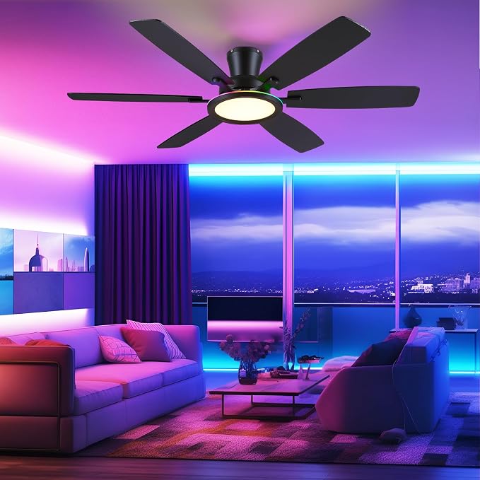 BYKISTOK 55in Black Flush Mount Ceiling Fan - RGB Low Profile Ceiling Fan Light with Remote-APP, Dimmable and 3CCT, Modern Fan with RGB Light for Indoor and Covered Outdoor