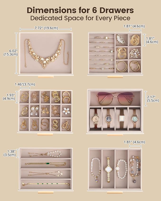 Lolalet Large Jewelry Box Organizer for Women, 7-Layer Jewelry Organizers and Storage Case with Mirror & 6 Drawers, Lockable Watch Ring Earring Bracelet Necklace Holder Girls Gift -7Layer, Beige