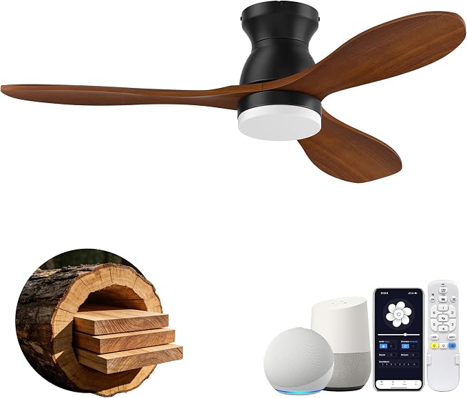 42 Inch Wood Ceiling Fans with Lights Remote,Smart Control via Alexa,APP,Quiet DC Motor,Dimmable,Outdoor Indoor, Flush Mount Hugger Modern Ceiling Fan for Low Profile Bedroom,Patio,Walnut Brown& Black