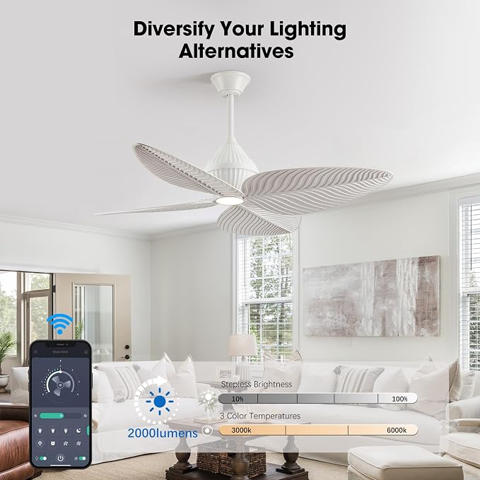 52" Tropical Ceiling Fans with Lights, Indoor Palm Leaf Ceiling Fan with Light and Remote for Living Room Bedroom, ABS Blades, Dimmable LED Lights, 6 Speeds, Adjustable Height-White
