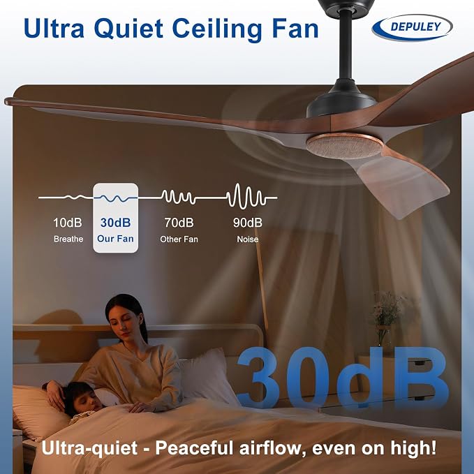 Depuley Ceiling Fan Without Light: 52 Inch 3 Blade Outdoor Fans for Patios - Walnut Ceiling Fan No Light Indoor Remote Control Ultra Quiet DC Motor Reversible 6 Speed Timer