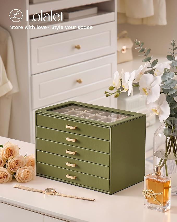 Lolalet Earring Organizer, Jewelry Box with Clear Lid -Sage, 5 Layer | PU Leather, Velvet, Removable Dividers, Dustproof, Easy Clean, For Studs Rings, Gift for Women Girls, Home Aesthetic Decor