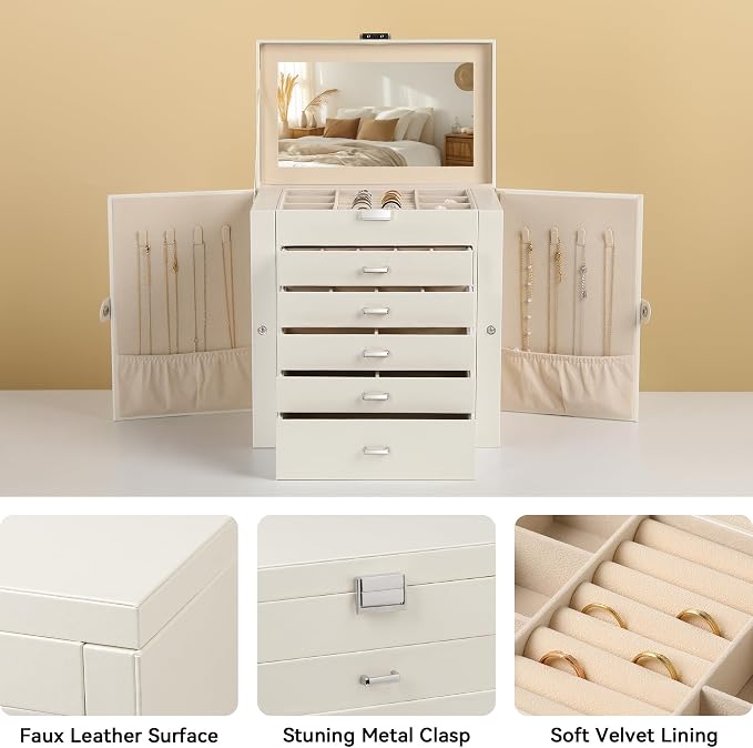 Frebeauty 6-Layer Jewelry Box for Women,Large Jewelry Organizer with Drawer | Faux Leather,Built-in Mirror,Spacious Jewelry Storage,16 Necklace Hooks,Organizing by Category for Rings Earrings Bracelet