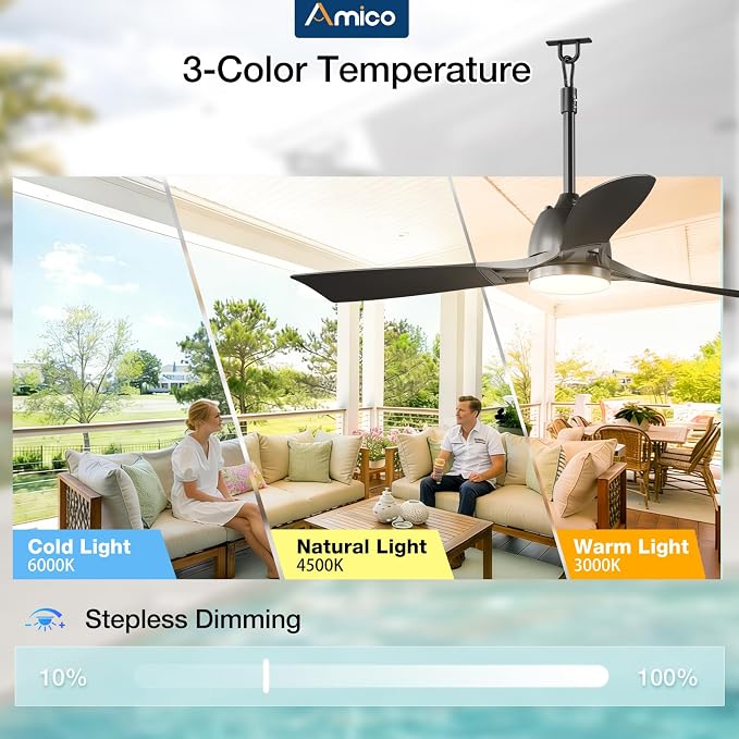 Amico Outdoor Ceiling Fan with Light for Patios, IP65 Waterproof Gazebo Fan Remote Control,3CCT, 6 Speeds, Hook Hanging Plug in Ceiling Fan for Patio Porch Pergola Garage Canopy (52 Inch)