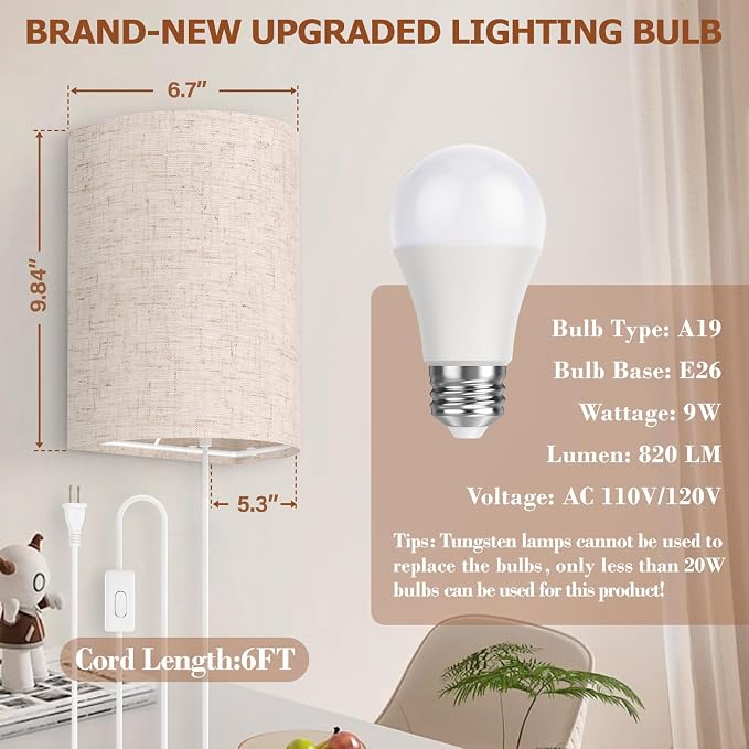 OCATO Plug in Wall Sconces Set of Two: Wall Light Wall Lamp with On/Off Switch 3000K 4500K 6000K Selectable Fixtures Fabric Linen Shade Wall Decor Wall Lights for Bedroom Living Room Hallway Indoor