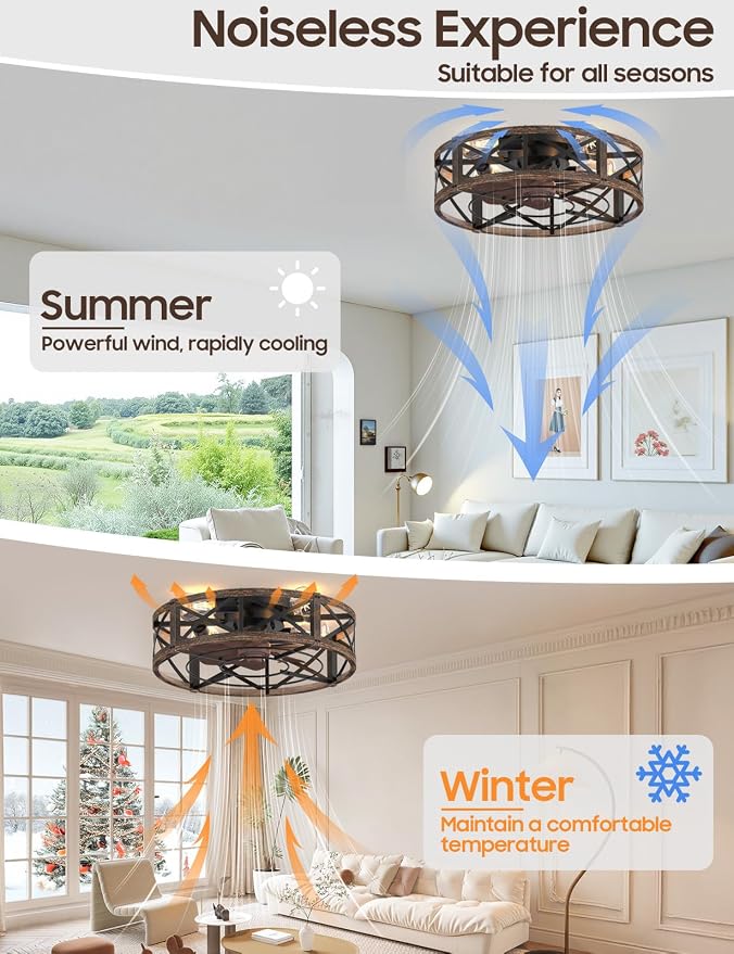Caged Ceiling Fan with Light and Remote, 20" Low Profile Flush Mount Ceiling Fans with Light, 6 Speed, Timing, Reversible DC Motor, Small Farmhouse Fan Lights for Bedroon Kitchen Living Dining Room