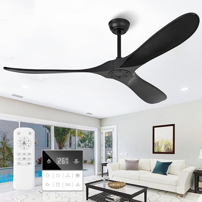60 Inch Black Ceiling Fan No Light,Living Room Ceiling Fans Without Lights, Modern 3 Blade Quiet Dc Ceiling Fan For Slanted Ceilings, Rustic Wood Ceiling Fans For Gazebo With Wall Control