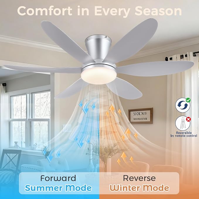 GJeg Ceiling Fans with Lights,42" Low Profile Ceiling Fan with Light and Remote Control,Flush Mount, Reversible, Dimmable, Noiseless, Silver Ceiling Fan for Bedroom