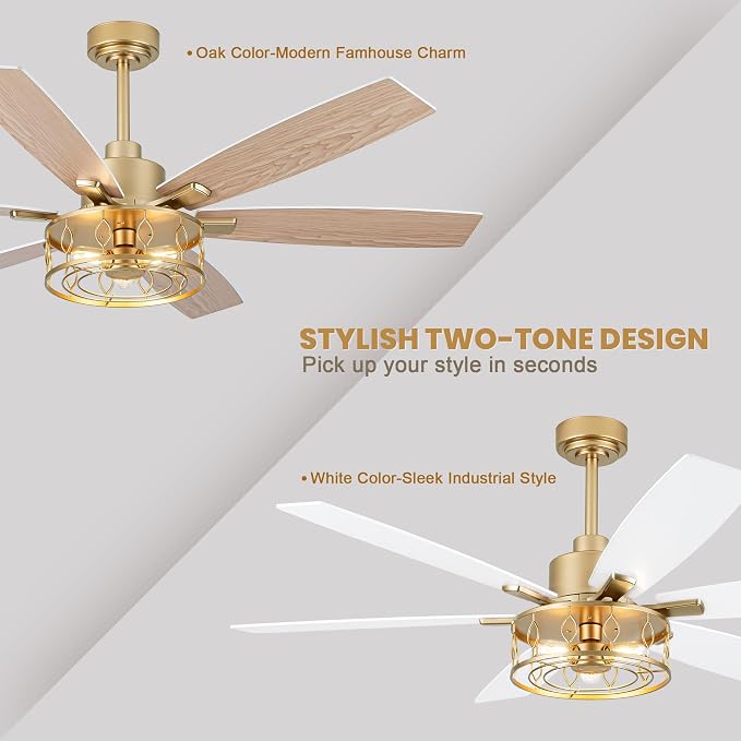 Dawn Whisper 60 Inch Ceiling Fans with Lights White and Gold Farmhouse Ceiling Fan for Bedroom Living Room Quiet and Reversible DC Motor Caged Chandelier Fan