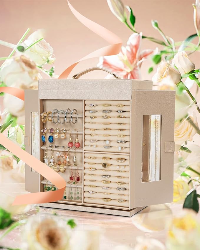 AKOZLIN 6-Tier Jewelry Box Organizer Functional 5 Drawers Leather Jewelry Storage Case for Women Girls Ring Necklace Earring Bracelet Holder Organizer with Mirror XL Champagne 360° Rotating