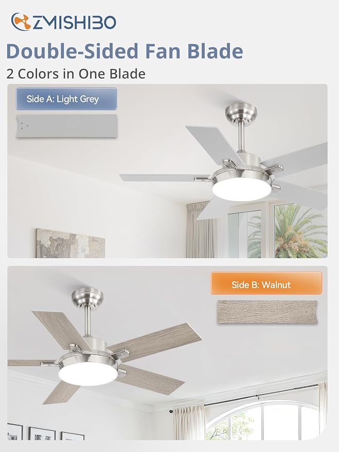 ZMISHIBO 42 Inch Ceiling Fans with Lights, Smart Remote/APP Control, Modern Ceiling Fan with 6 Speeds & 3CCT, Dimmable 30W LED, Quiet DC Motor, Noiseless for Living Room, Bedroom, Kitchen, Nickel