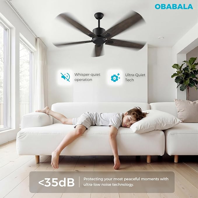Obabala 52 Inch Ceiling Fan No Light, Modern Black Ceiling Fan Without Light with Remote & APP, Quiet Reversible DC Motor, 6-Speeds, for Living Room, Bedroom, Patio (Black+Brown)