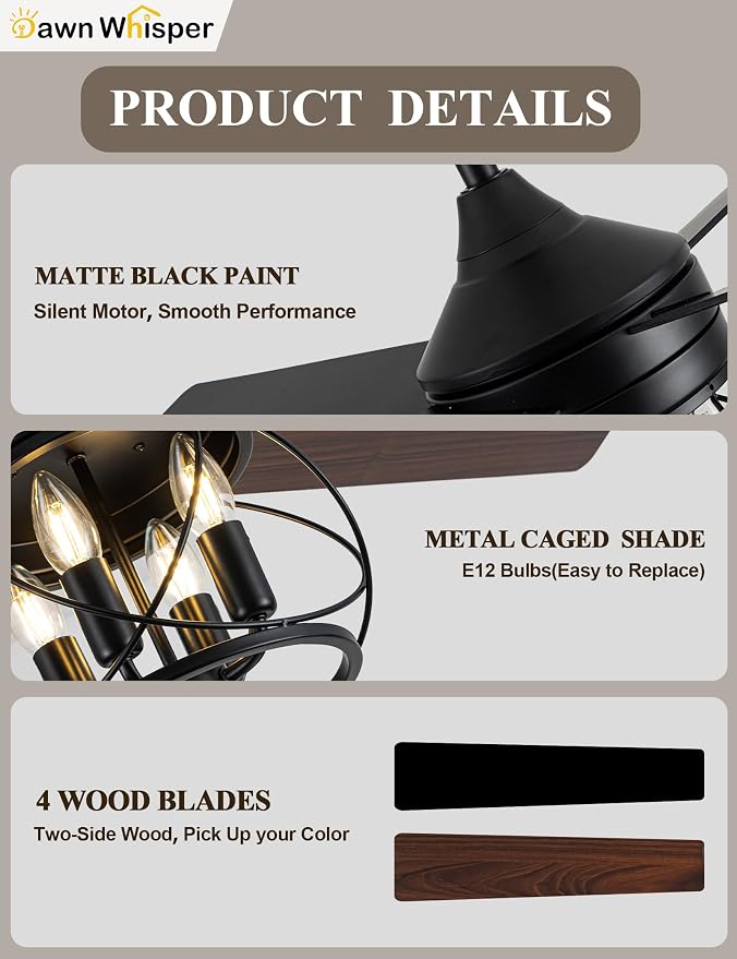 Dawn Whisper 52 Inch Rustic Farmhouse Ceiling Fans with Lights and Remote Quiet and Reversible DC Motor Black Industrial Caged Ceiling Fan for Bedroom Living Room