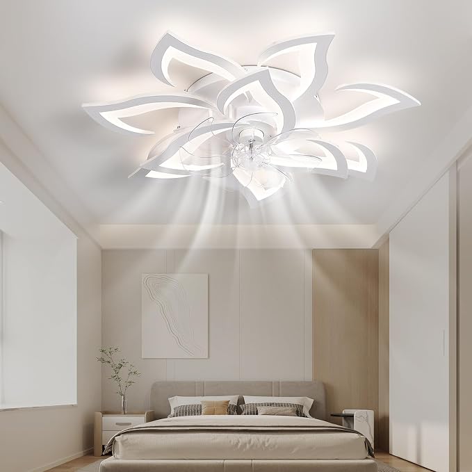 32" White Flower Ceiling Fan with Light Remote Control, Low Profile Flush Mount Ceiling Fan for Kitchen Bedroom Living Room