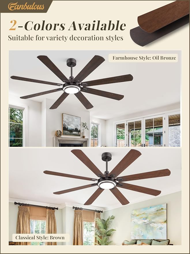 Fanbulous 72 Inch Ceiling Fans with Lights and Remote, Oil Bronze Ceiling Fan with 8 Dual-Color Blades, Indoor/Outdoor Large Ceiling Fans, Reversible DC Motor, 6-Speed, 3CCT for Living Porch Patio