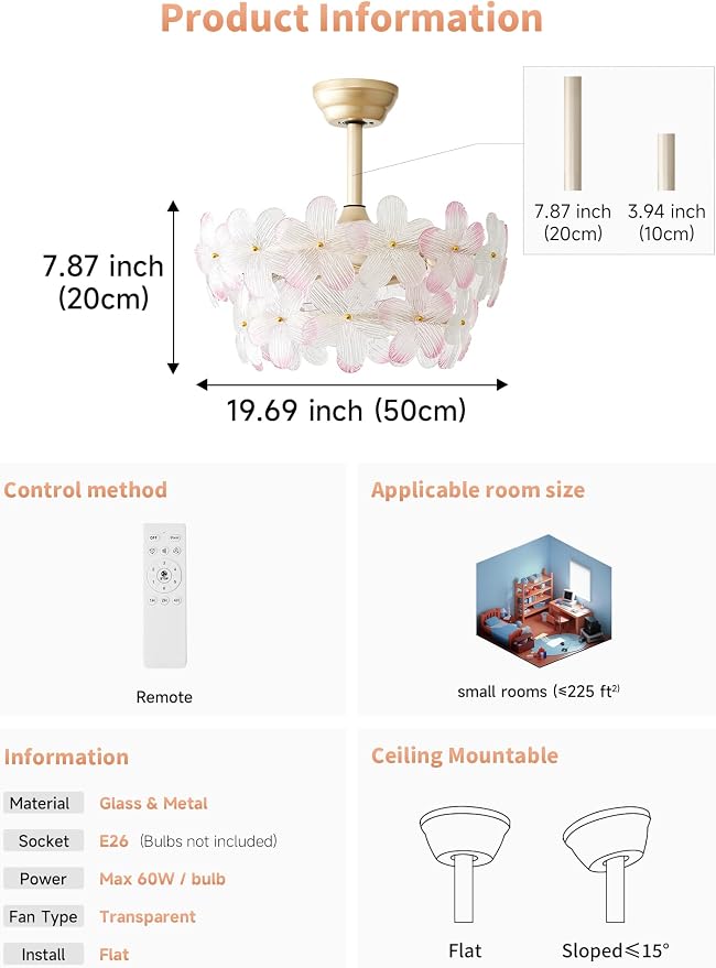 Gold Crystal Fandelier Ceiling Fans with Lights, 20" Gold Flower Chandelier Ceiling Fan with Light Remote Control, Caged Mid Century with 6 Speeds for Bedroom, Nursery, Living Room (Pink)