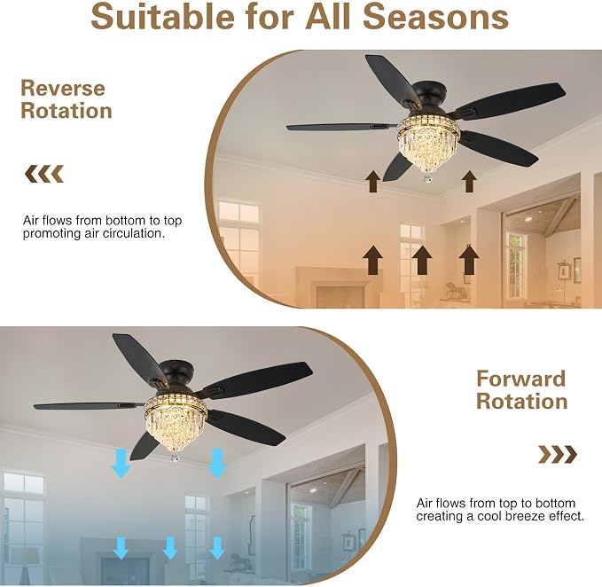 Crystal Ceiling Fan Fandelier with Lights-Ceiling Fans with Lights,54" Low Profile and Remote Control, Flush Mount, Reversible, Dimmable, Noiseless, Black Ceiling Fan for Bedroom