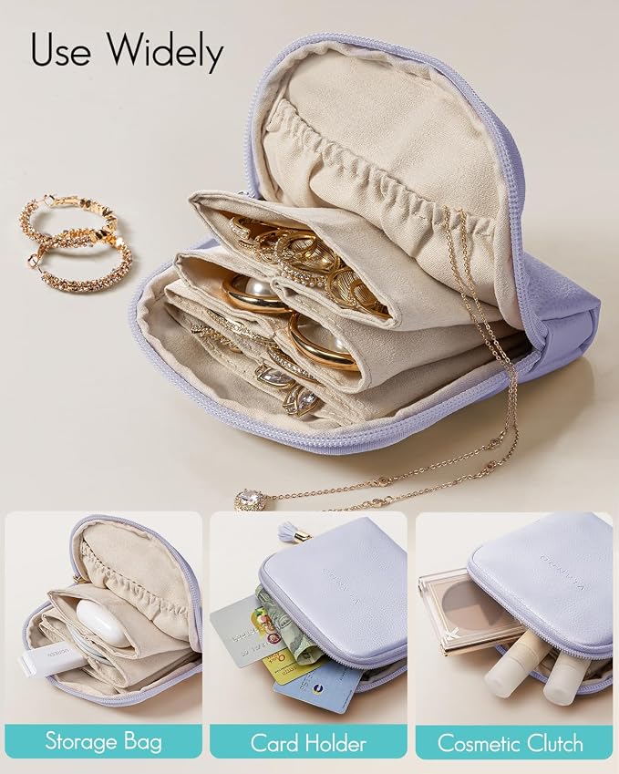 VLANDO Small Jewelry Travel Case,Jewelry Pouch Bags with Zipper,Velvet Jewelry Organizer Storage Bag for Bracelet Rings Earring Travel Essentials Gifts for Women Girl-Purple