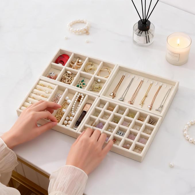 Velvet Jewelry Drawer Storage Tray, Set of 4 Stackable Drawer Organizer, Multifunctional Jewelry Display Organizer, Storage Box for Earrings, Rings, Necklaces, Bracelets, Brooches, Watches