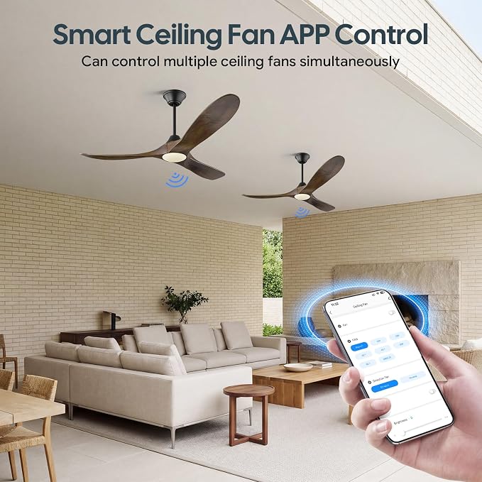 36 Inch Smart Ceiling Fan with Lights, Indoor Outdoor Ceiling Fans 3 Wood Blades, 6 Speeds Dimmable Quiet DC Motor, Remote/Alexa WiFi App Control, Modern Low Profile for Small Bedroom Patio Office