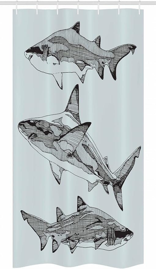 Ambesonne Animal Stall Shower Curtain, Sealife Big Dangerous Fish Shark Sketchy Monochrome Tail Print, Fabric Bathroom Decor Set with Hooks, 36" W x 72" L, Grey Charcoal