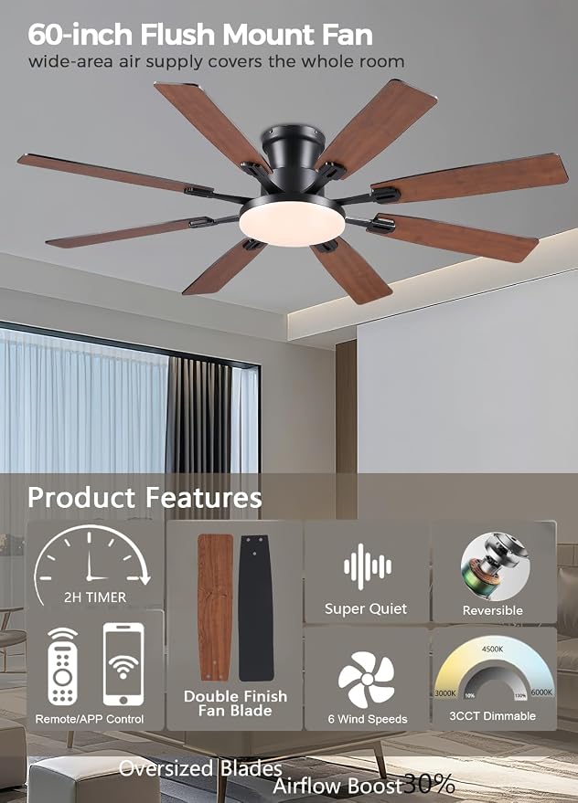 JSAITEE 60Inch Ceiling Fan with Lights, Large Low Profile Flush Mount,Brown | Ceiling Fans,DC Reversible Motor Noiseless, 3CCT Dimmable, Dual Finish, 6 Speeds Ceiling Fan for Indoor/Outdoor