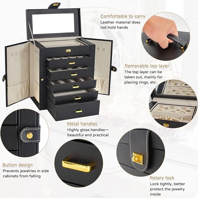 AKOZLIN 6-Tier Jewelry Box Organizer Functional 5 Drawers Leather Jewelry Storage Case for Women Girls Ring Necklace Earring Bracelet Holder Organizer with Mirror Extra Large Black