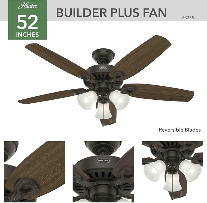 Hunter Builder Plus, Indoor, Ceiling Fan, Pull Chain, 52 inch, New Bronze