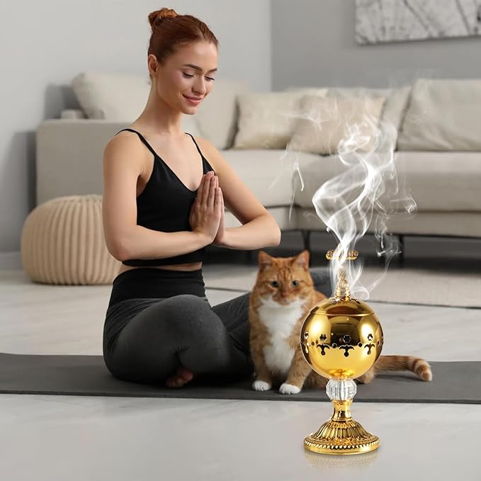 Traditional Incense Burner – Gold Charcoal Censer with Clip – Aromatherapy Resin Holder for Church, Meditation, Yoga, and Home