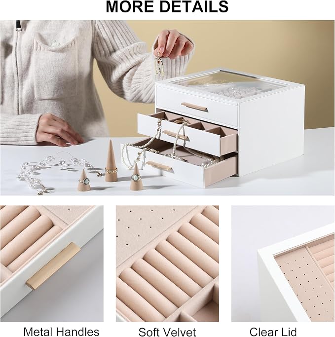 Frebeauty Jewelry Box for Women,Clear Lid Jewelry Organizer with 3 Drawers | Faux Leather,Velvet Lining,3 Layers,Jewelry Storage for Ring Earring Stud,Dustproof Design,Gift Choice,Golden Stylish Handle