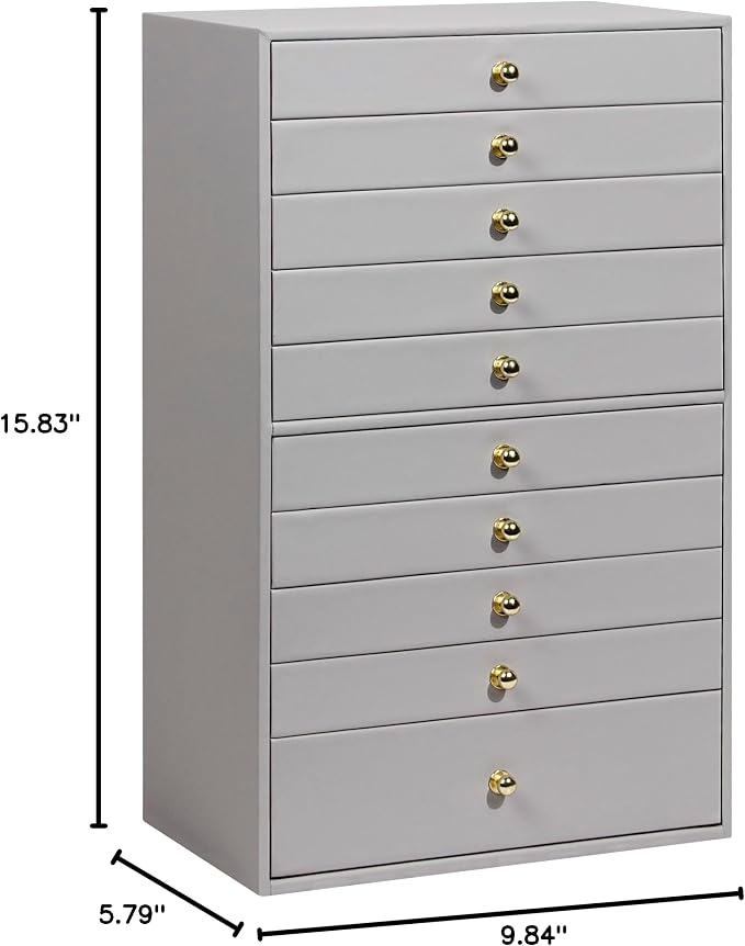 GUKA Large Jewelry Box, Jewelry Case with 10 Drawers for Big and Small Jewelry, Jewelry Storage Organizer for Watch Earrings Necklace Rings Bracelets, Birthday Wedding Gifts, Grey